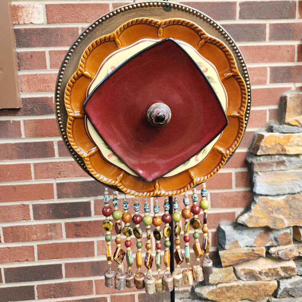 Red Brown Plate Dish Flower Windchime SunCatcher Ceramic Beads Tin Bells